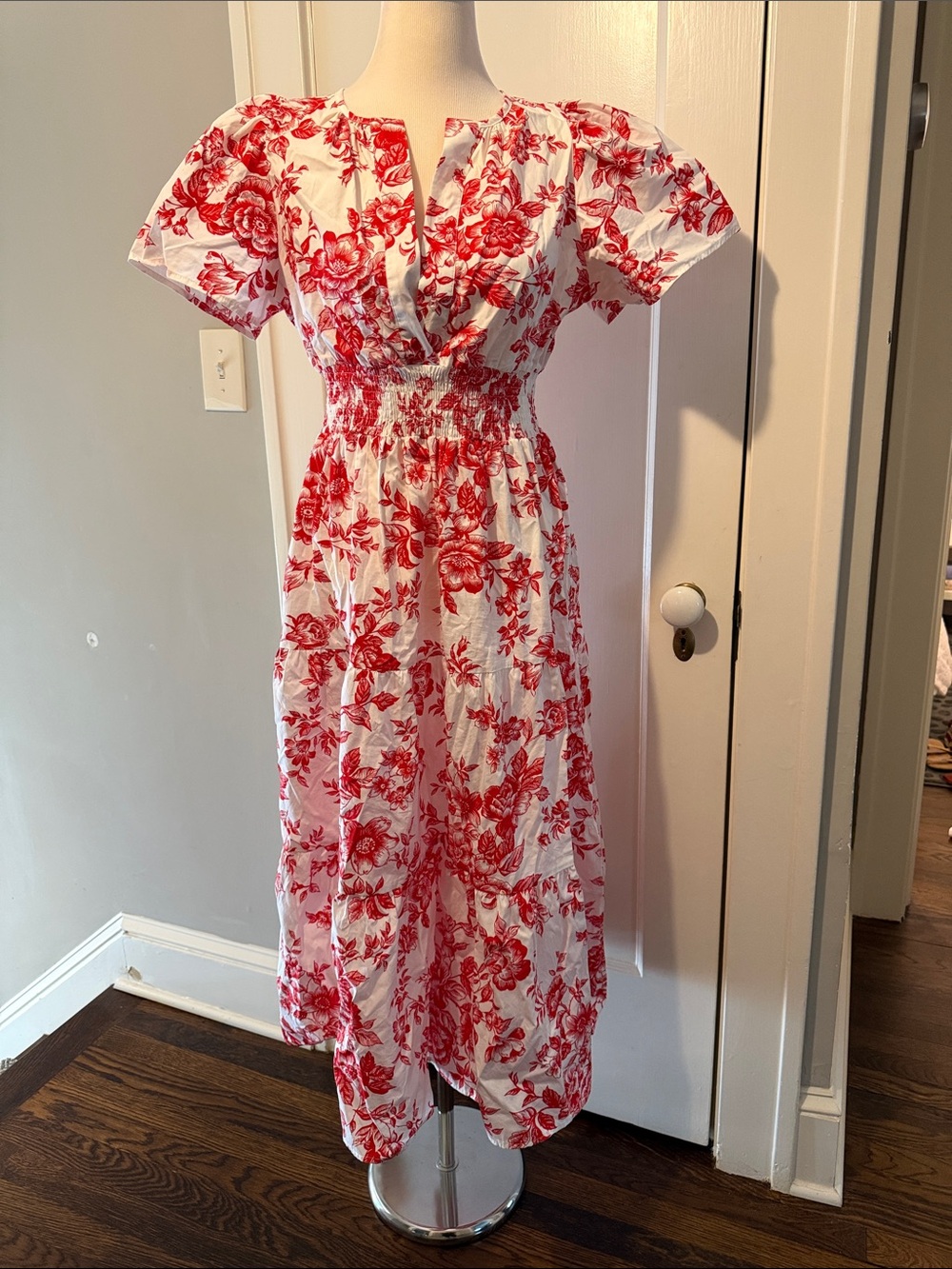 Chicwish White Midi Dress with Red Floral Print